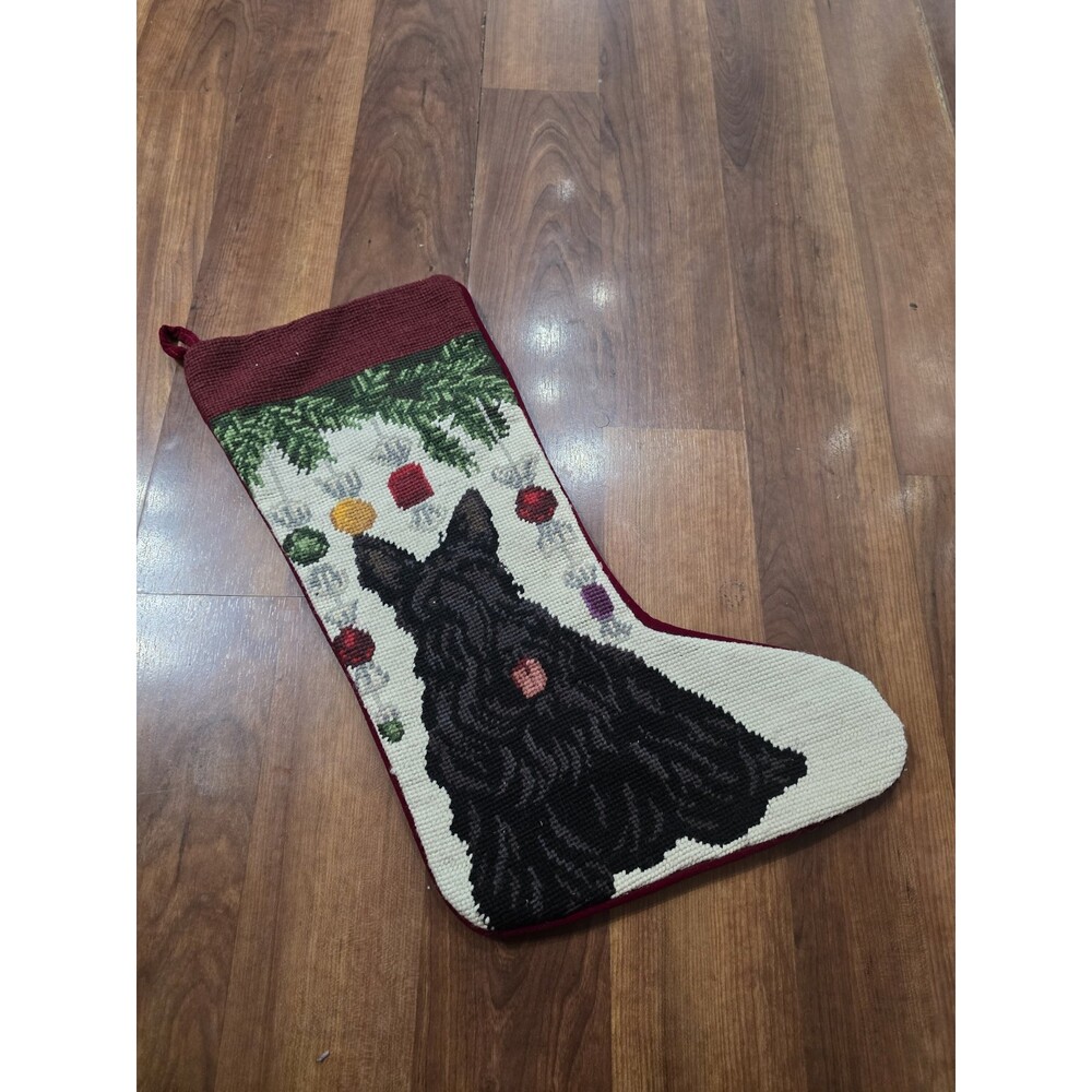 Vintage Handicraft Festive Scottish Terrier Needlepoint Christmas Stocking Wool